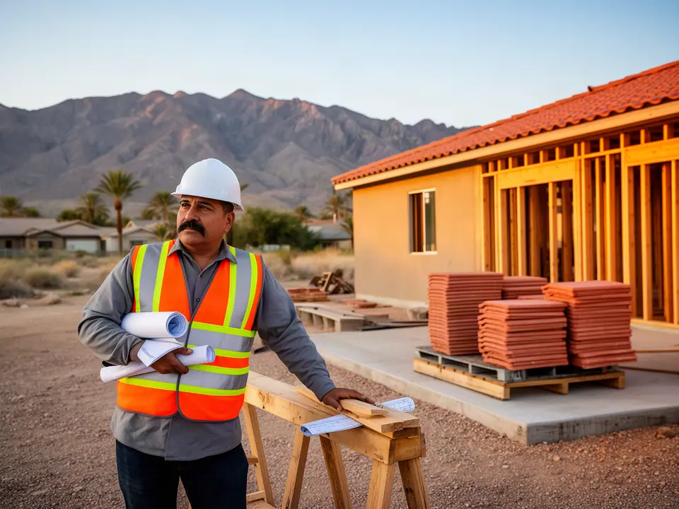 Builder in a hard hat and safety vest holding rolled plans beside new framing and stacked roof tiles
