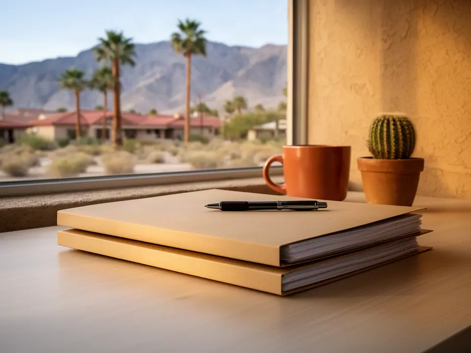 Closed manila folders and a pen on a desk by a window with palms and desert mountains