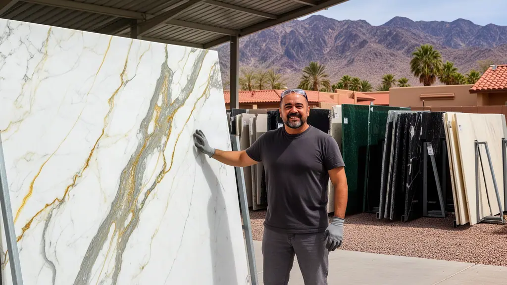 Stone fabricator beside a tall polished white-and-gold quartzite slab in a desert slab yard