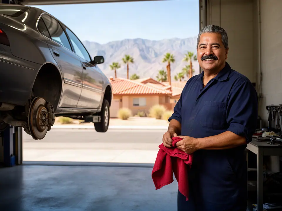 Smiling mechanic wiping his hands beside a car on a lift in a bright repair shop