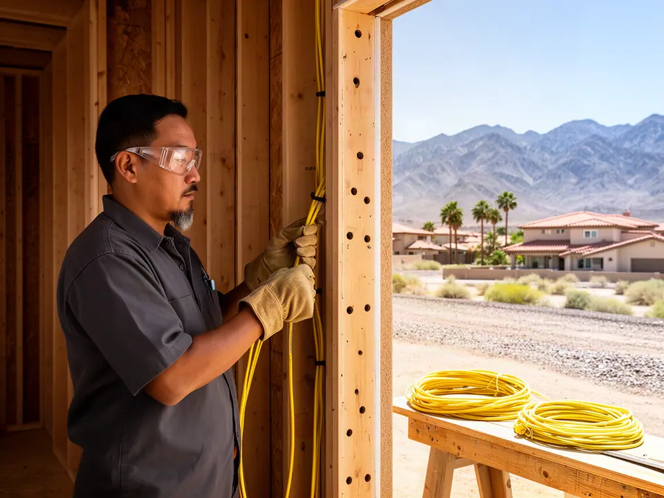 Electrician in safety glasses feeding yellow cable through drilled studs in a new home