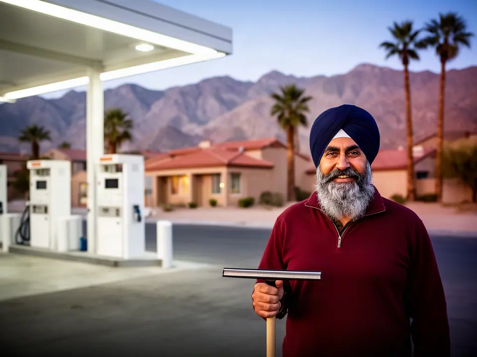 Fuel station owner holding a squeegee on the forecourt at dusk