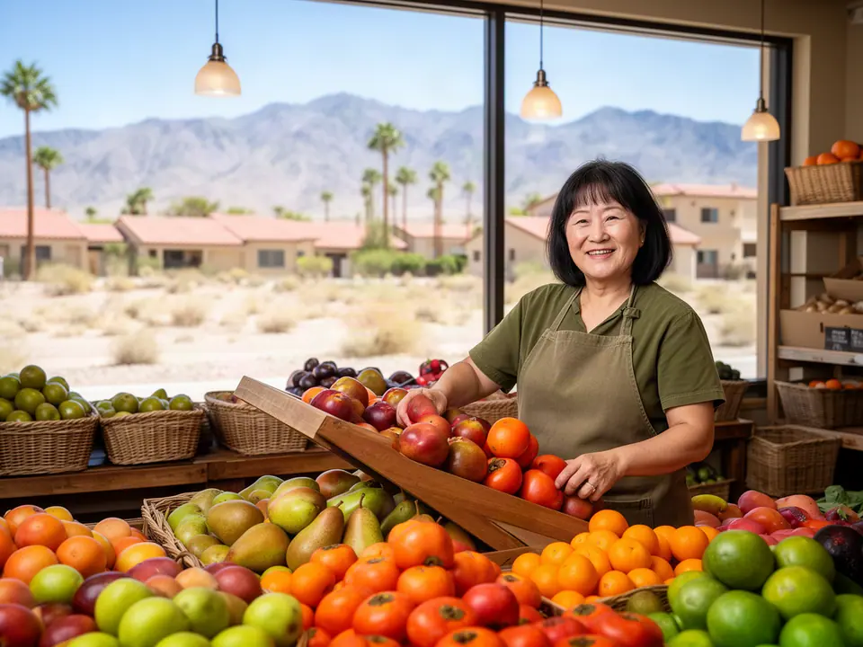 Grocer arranging pears and mandarins on a wooden produce stand