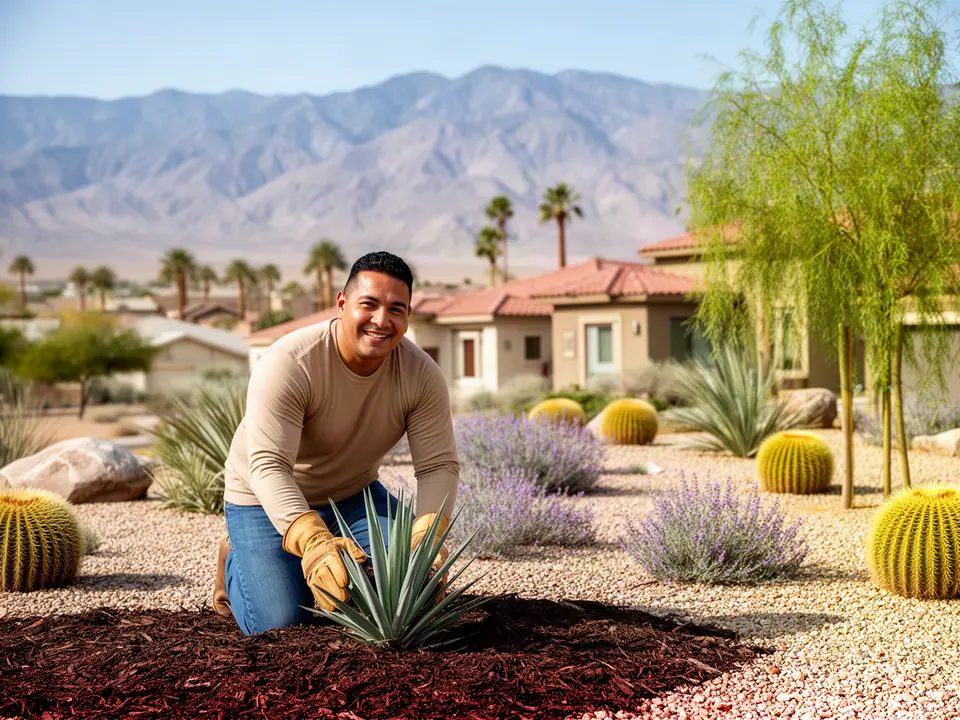 Landscaper kneeling to plant an agave in a desert xeriscape garden