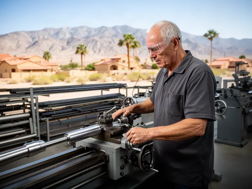 Machinist in safety glasses turning a steel shaft on a lathe