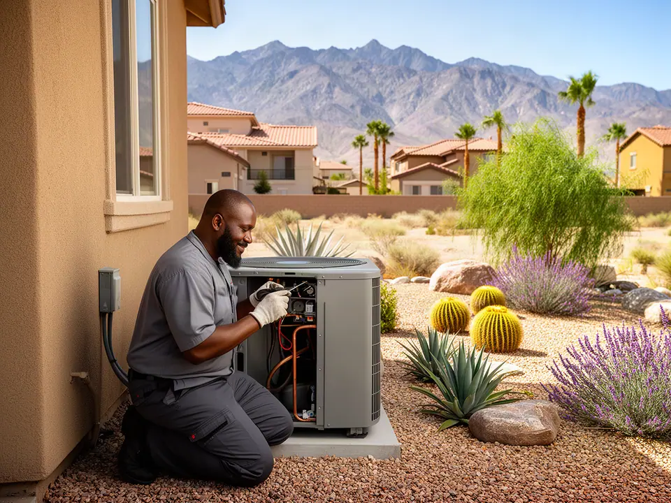 HVAC technician checking connections inside an outdoor air-conditioning unit beside a stucco home