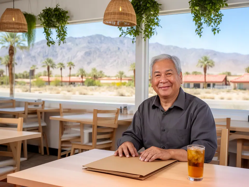Smiling restaurant owner seated at a pale wood table with a folder and iced tea