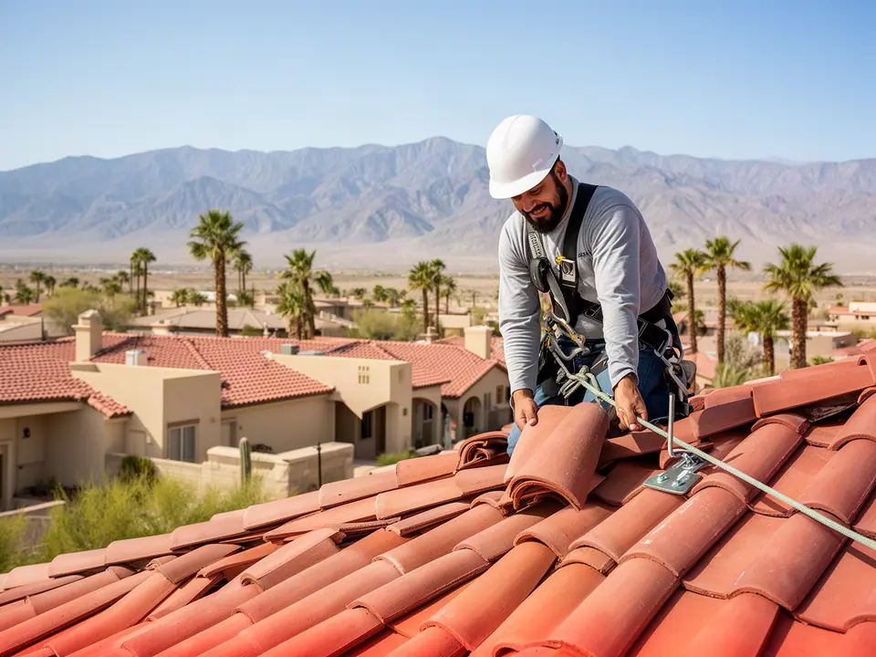 Roofer in a harness laying red clay barrel tiles on a desert home roof
